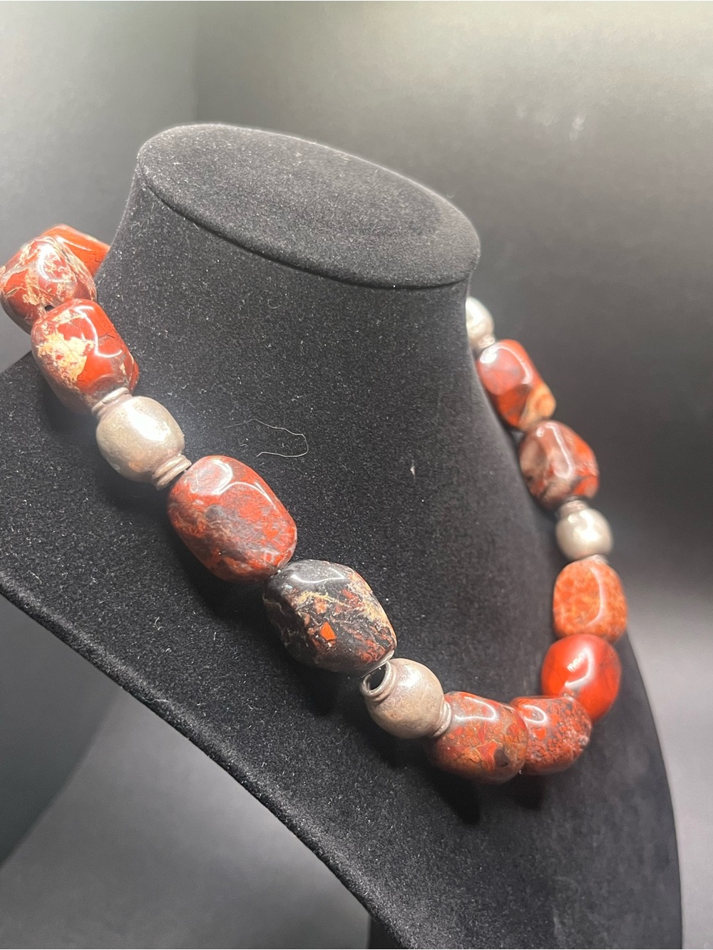 Sterling Silver Genuine Red Brecciated Jasper Chunky Artisan Choker Necklace 16” - Picture 7 of 11